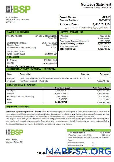 Blank Fiji Bank of South Pacific bank mortgage statement scr example